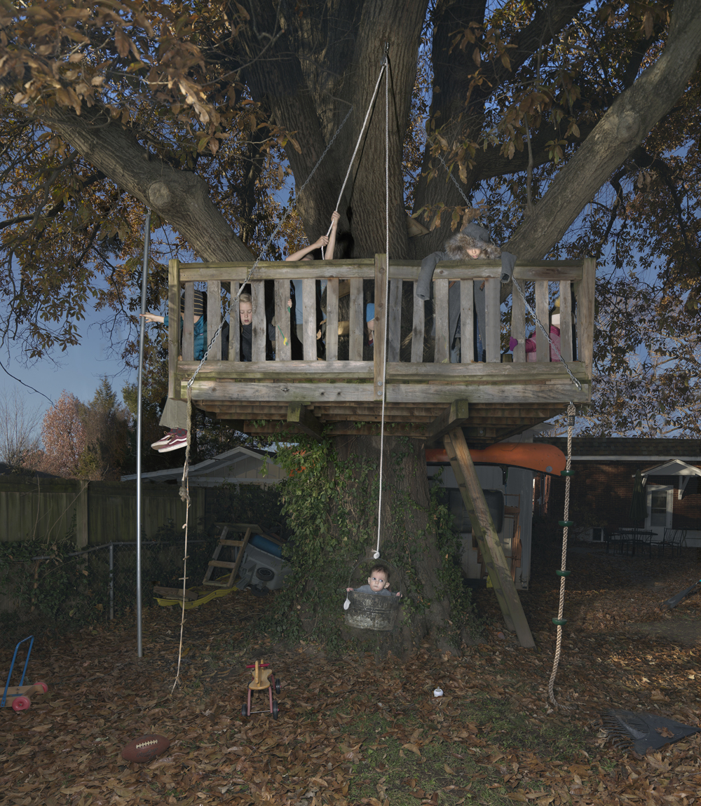 Julie Blackmon, Treehouse, 2020, archival pigment print, 26×29″, 36×41″, 44×50″, editions of 10, 7, 5, price on request