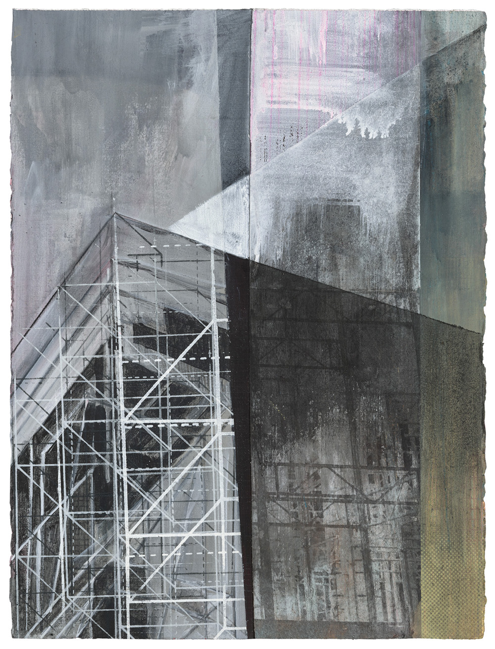Amanda Knowles, In Construction, 2021, screenprint, acrylic, and graphite on paper, 18 x 13 inches, $1200.