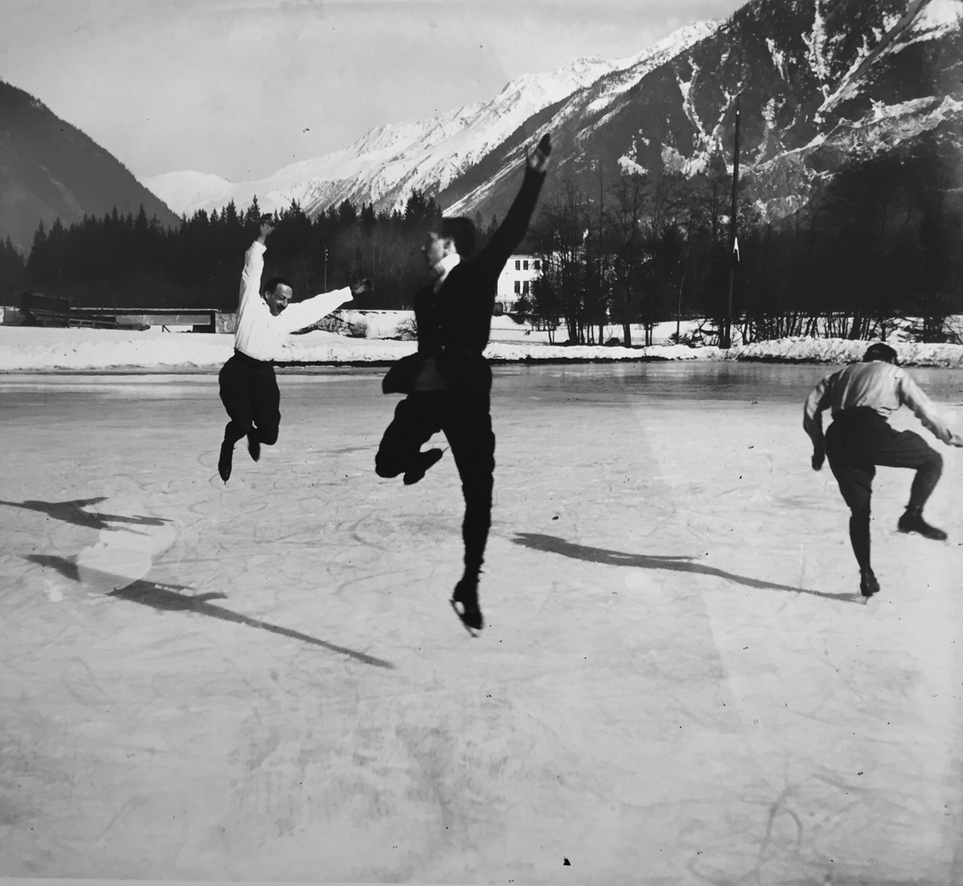 Jacques-Henri Lartigue, Albert Heide, Francis Pigneron and Ostertag Chamonix, January, 1918, gelatin silver print, 12 x 16 inches, with JHL blind stamp in margin