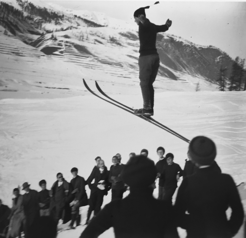 Jacques-Henri Lartigue, Ski jumping competition, St. Moritz, February, 1913, gelatin silver print, 12 x 16 inches, with JHL blind stamp in margin