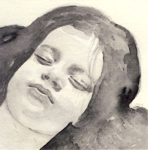 Samantha Scherer, 02-027, watercolor on stained paper, 2.5 x 2.5 inches, $300.