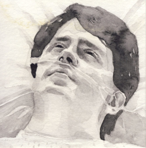 Samantha Scherer, 04-078, watercolor on stained paper, 2.5 x 2.5 inches, $300.