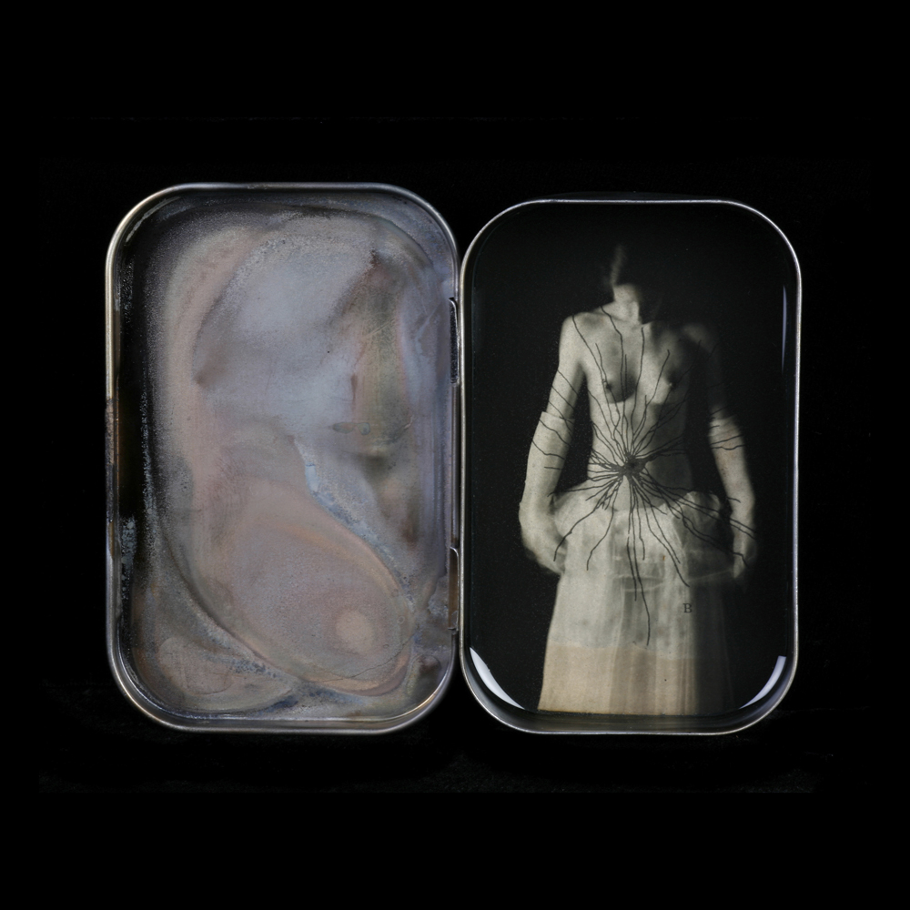Heidi Kirkpatrick, Shattered, 2011, tin, photolith film, resin, edition 3/5, 3.625 x 4.25 x .75, $500.
