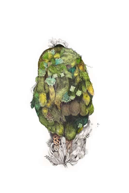 Gala Bent, Mossy Figure, 2012, gouache and graphite on paper, 22.5 x 15 inches, framed, $1,500.