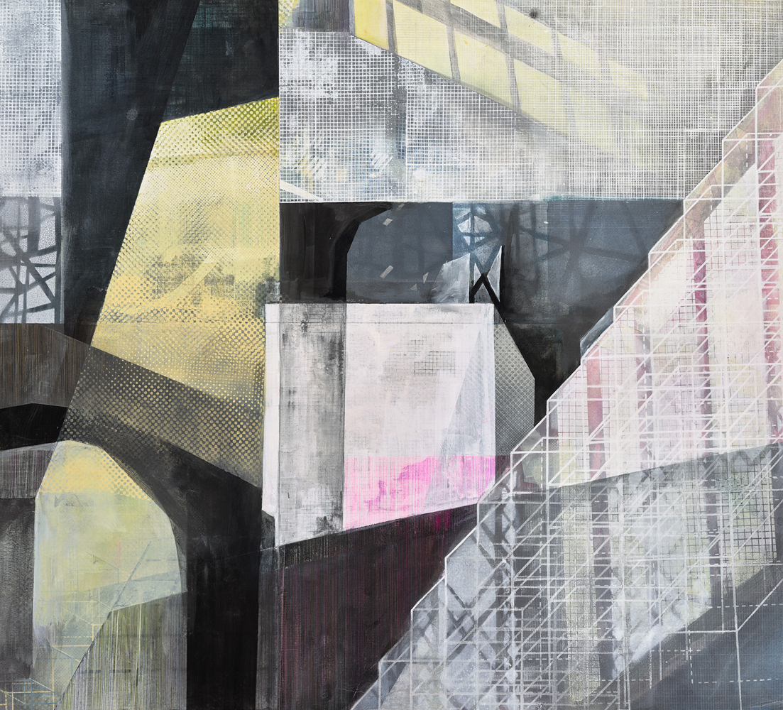Amanda Knowles, Built Environment, 2020, screen print, graphite, acrylic on paper, 31 x 34.5 inches, $2500.