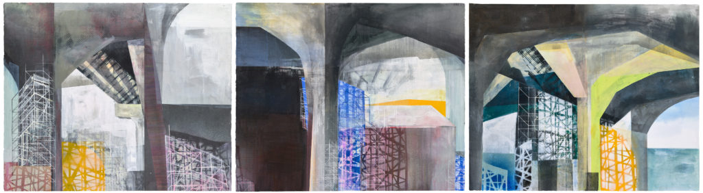 Amanda Knowles, West Seattle Bridge I-III, 2021, screenprint, acrylic, and graphite, 30 x 108 inches (3 @ 30 x 36 inches each), $7500.