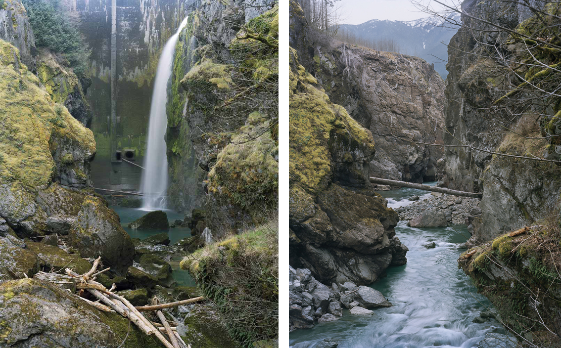 Eirik Johnson, (L) Below the Glines Canyon Dam on the upper Elwha River, Washington, 2008, (R) Glines Canyon, Upper Elwha River, Washington, 2018, Archival pigment prints, 50 x 40 inches, edition of 5