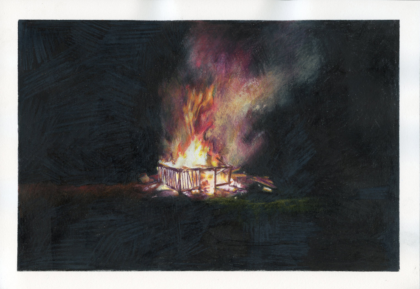 Samantha Scherer, Shedfire, 2021, colored pencil on paper, 7 x 10 inches $600.